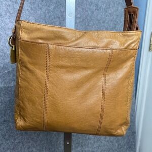 Rolfs Cognac Leather‎ Shoulder Bag Crossbody Purse Zip Pockets Vintage Style